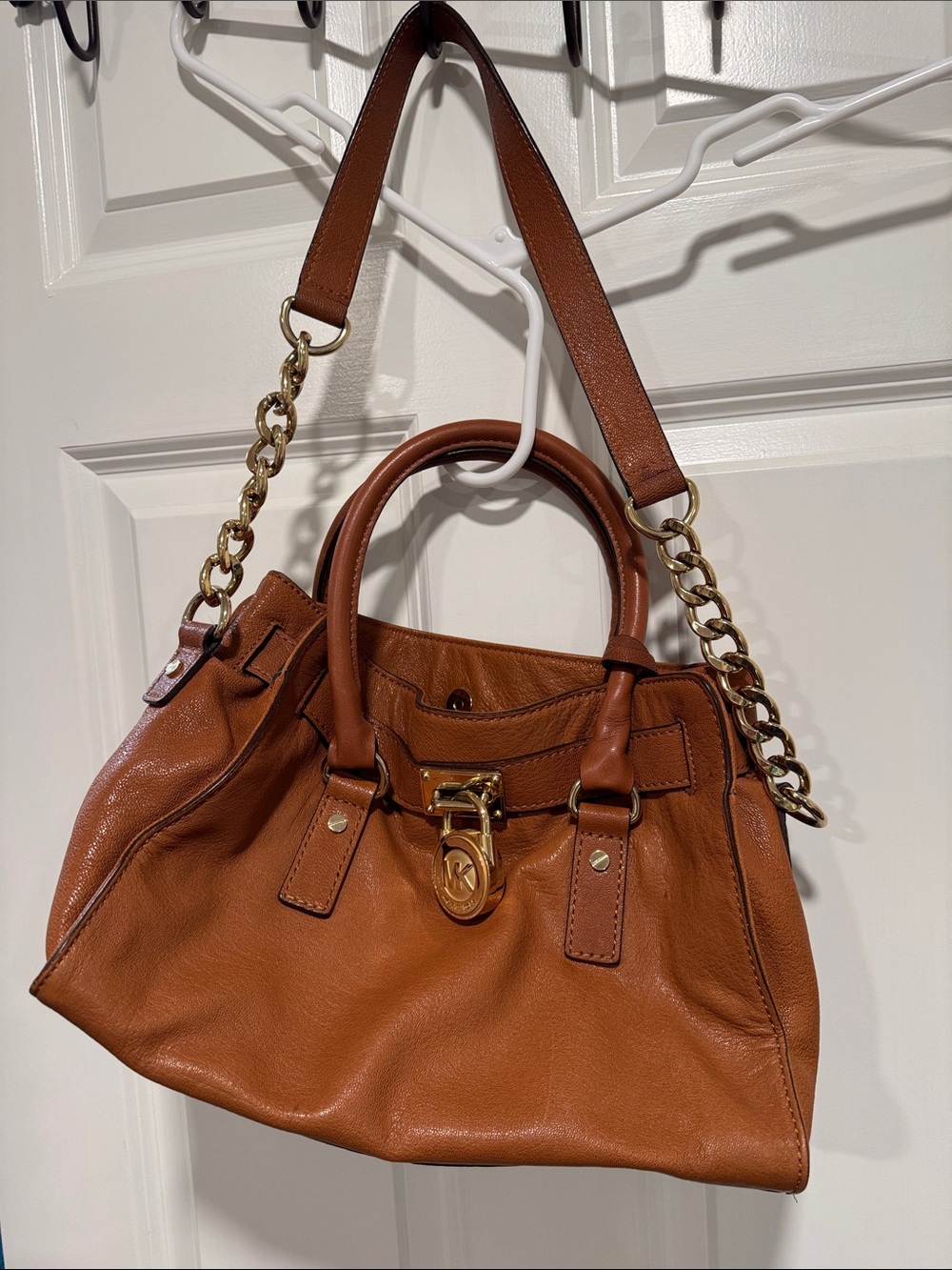 Michael Kors Cognac Leather Shoulder Satchel with Gold Chain Accent
